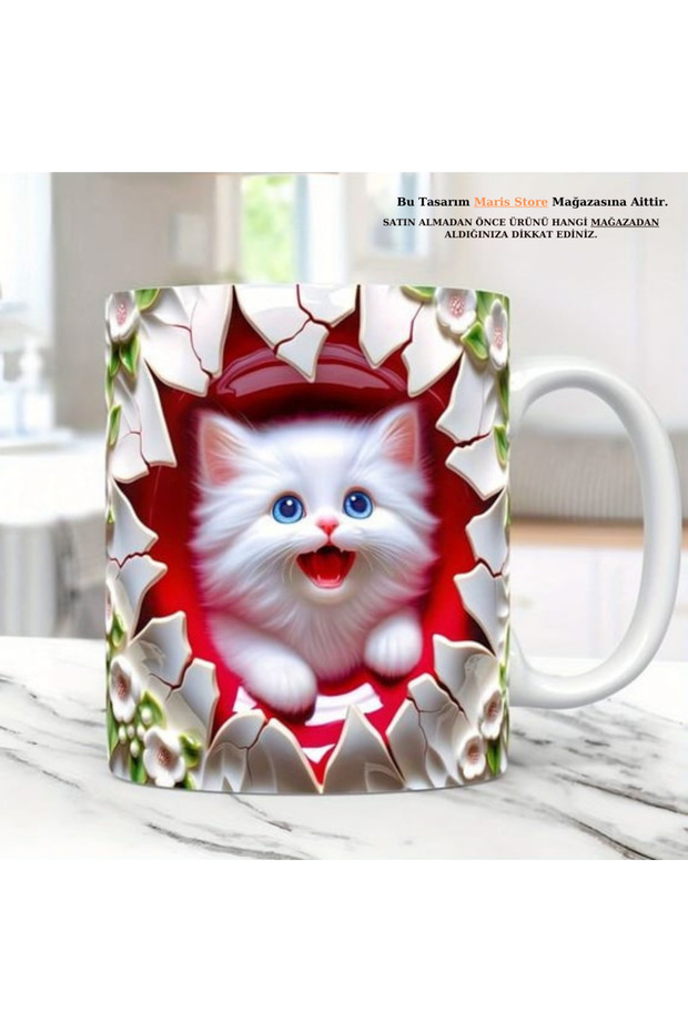 Red Detailed White Cat Printed 3D Effect Gift Mug