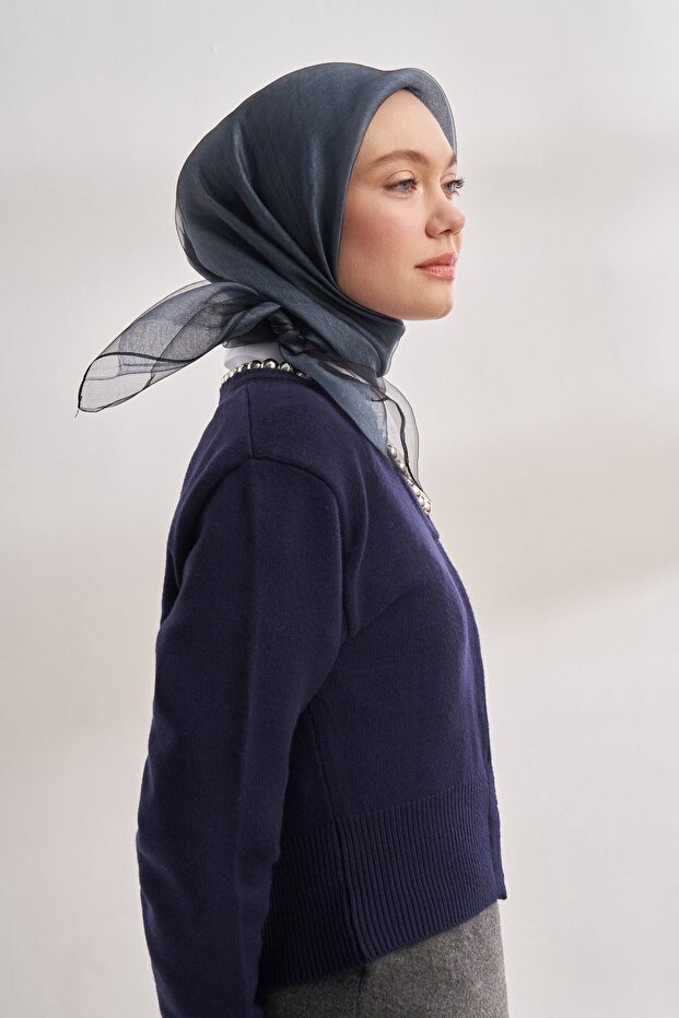 30% Silk Double Layer Tulle Scarf - Black-Denim Blue