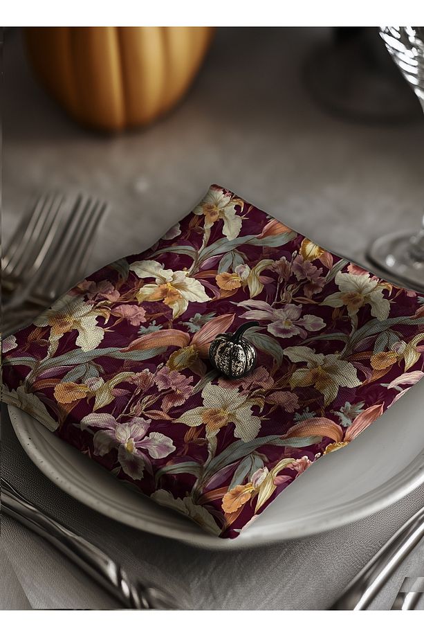 6 Adet  Bordo Çiçek Desenli Kumaş Amerikan Servis-sunum Peçetesi 35x35 Cm Tabak Üstü Şık - 2