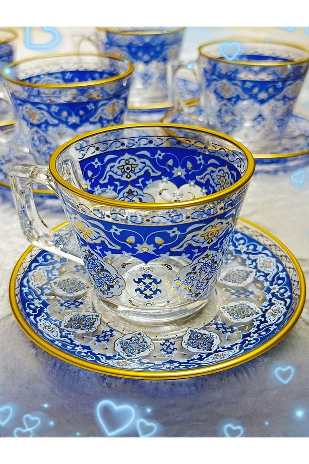 Altın Mavi Desenli Paşabahçe 6 Adet Büyük Fincan 6 Adet Fincan Tabağı Set. 195 Ml. - 4