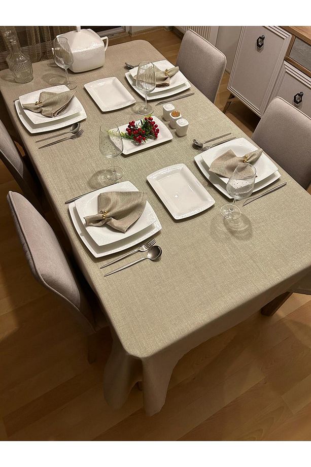 Polyester Keten Simli Linen Masa Örtüsü Taş Rengi + 6 Peçete - 4