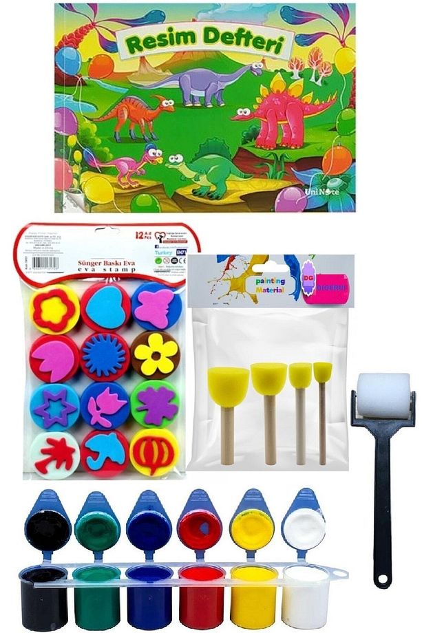 Parmak Boyası Resim Defteri 12 Li Eva Baskı Ponpon Fırça Sünger Rulo Fırça 25x35 cm - 1