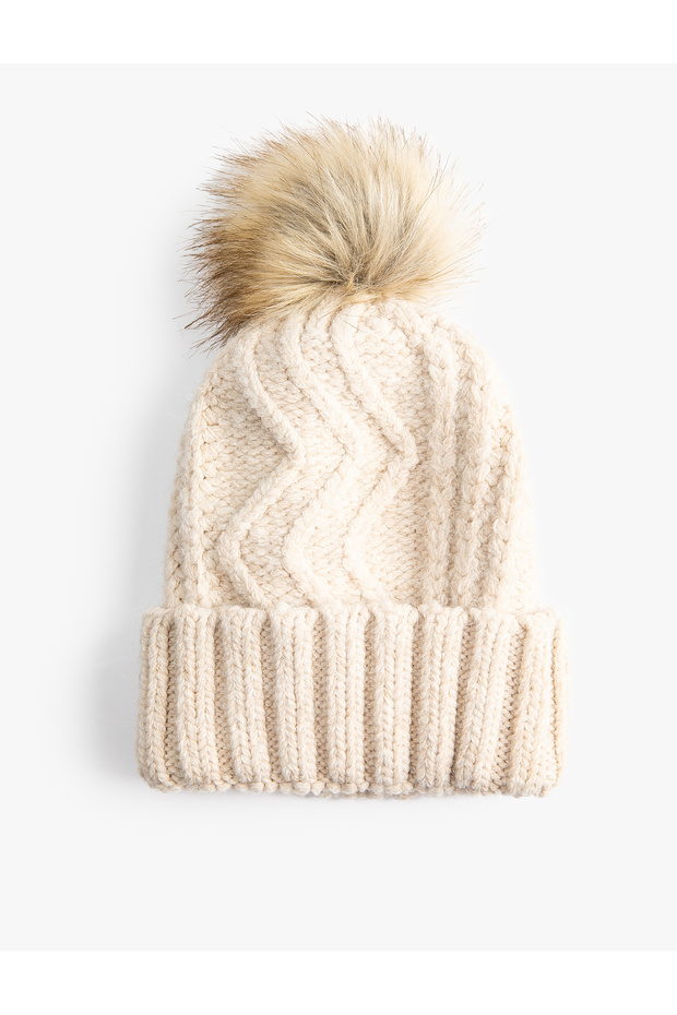 Knitted Beret with Plush Pompom