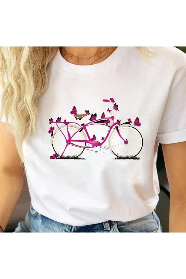 Women's Printed Detail Oversize Bol Cut T-Shirt with Cycling Neck