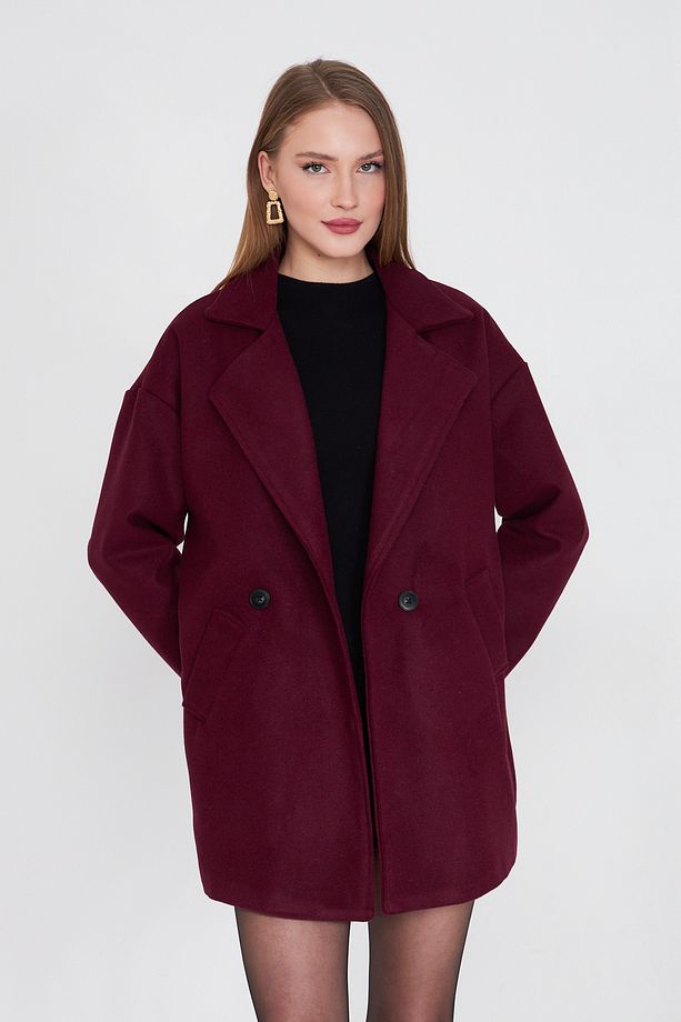 Kadın Bordo Mürdüm Oversize Astarlı Kaşe Kaban / Sevde Ugur - 4