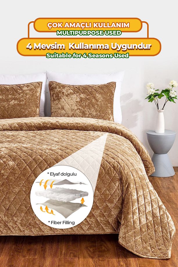 Kapitone Kadife Yatak Örtüsü Seti Tek Kişilik Supersoft 2 Parça Yumuşak Elyaf Dolgulu Çeyizlik Kahve - 3