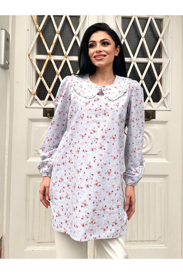 Blue Burgundy Floral Poplin Baby Collar Tunic