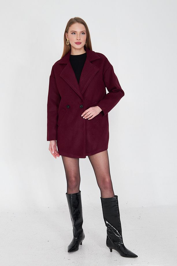 Kadın Bordo Mürdüm Oversize Astarlı Kaşe Kaban / Sevde Ugur - 3