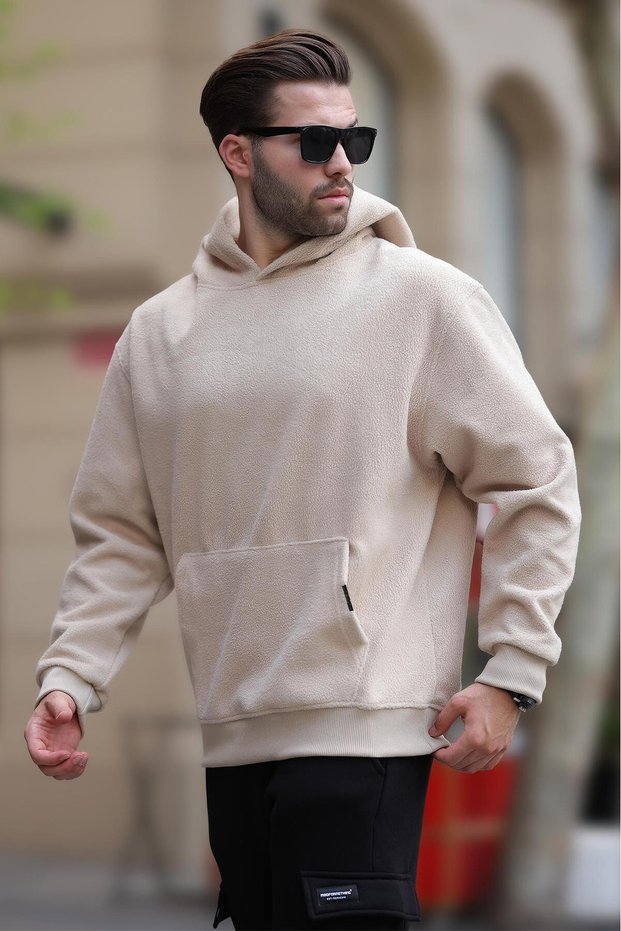 Beige Hooded Fleece Men's Sweatshirt with Pocket Detail 7093