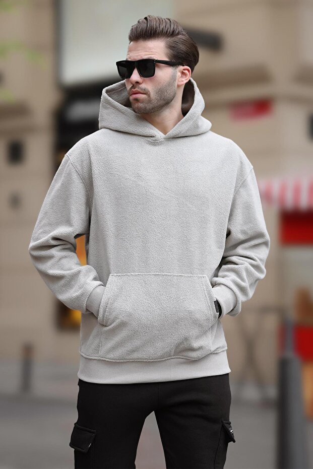 Painted Gray Hooded Pocket Detailed Fleece Men's Sweatshirt 7093