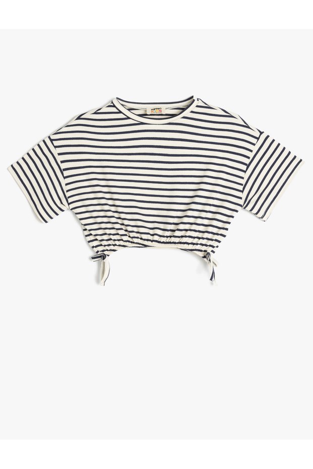 Crew Neck Short Sleeve Drawstring Detail Viscose Crop T-Shirt