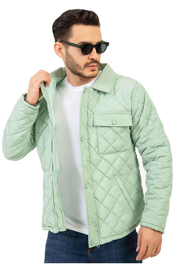 سترة رجالية طويلة أساسية شتوية سميكة بنمط الماس باللون الأخضر - 1