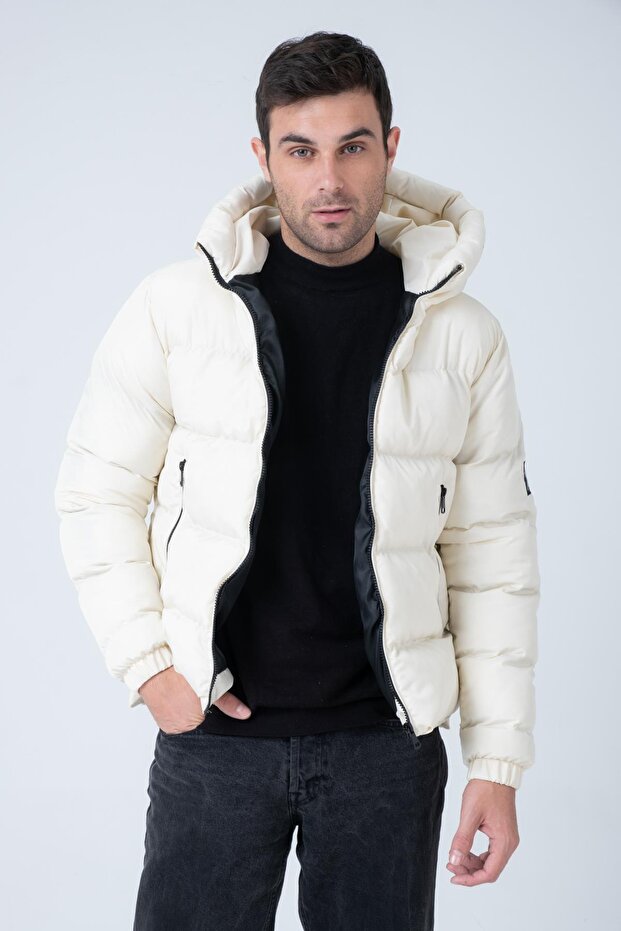 Men's Hooded Age Of State Printed Puffer Coat Ecru