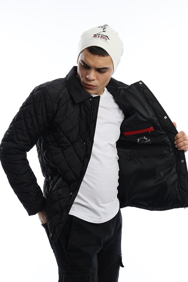 Men's Winter Diamond Patterned Long Basic Black Coat - 3