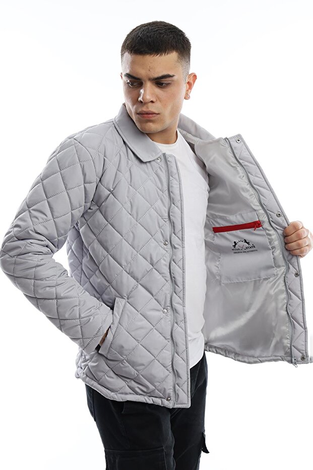 Gray Men's Quilted Jacket - Diamond Patterned Coat - 3