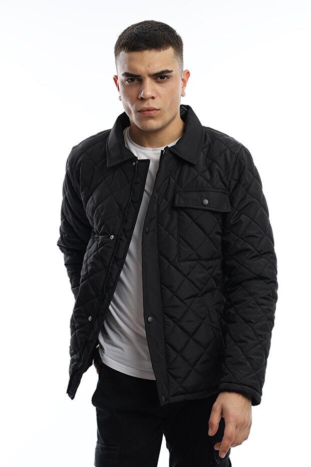 Men's Winter Diamond Patterned Long Basic Black Coat - 1