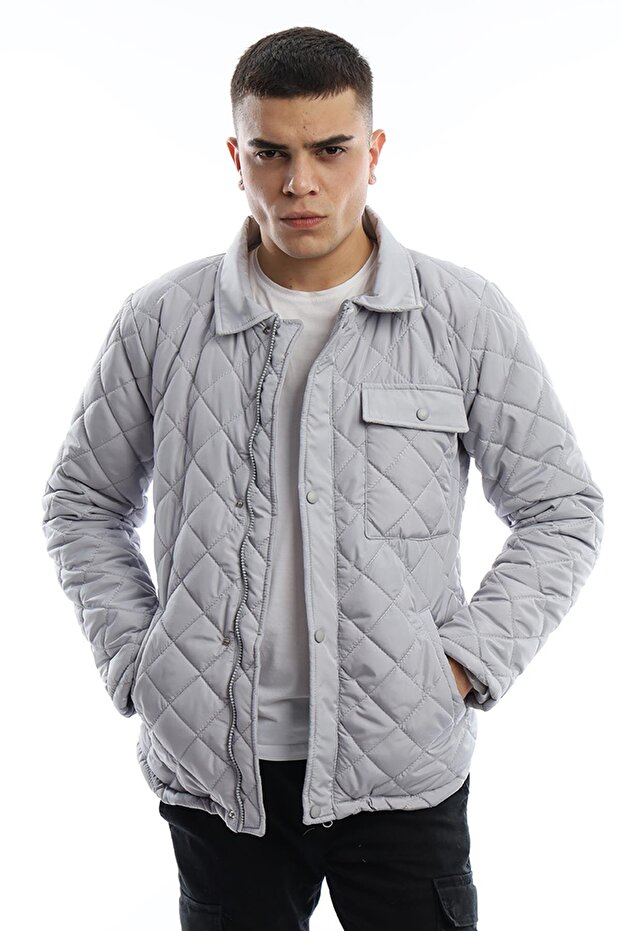 Gray Men's Quilted Jacket - Diamond Patterned Coat - 1