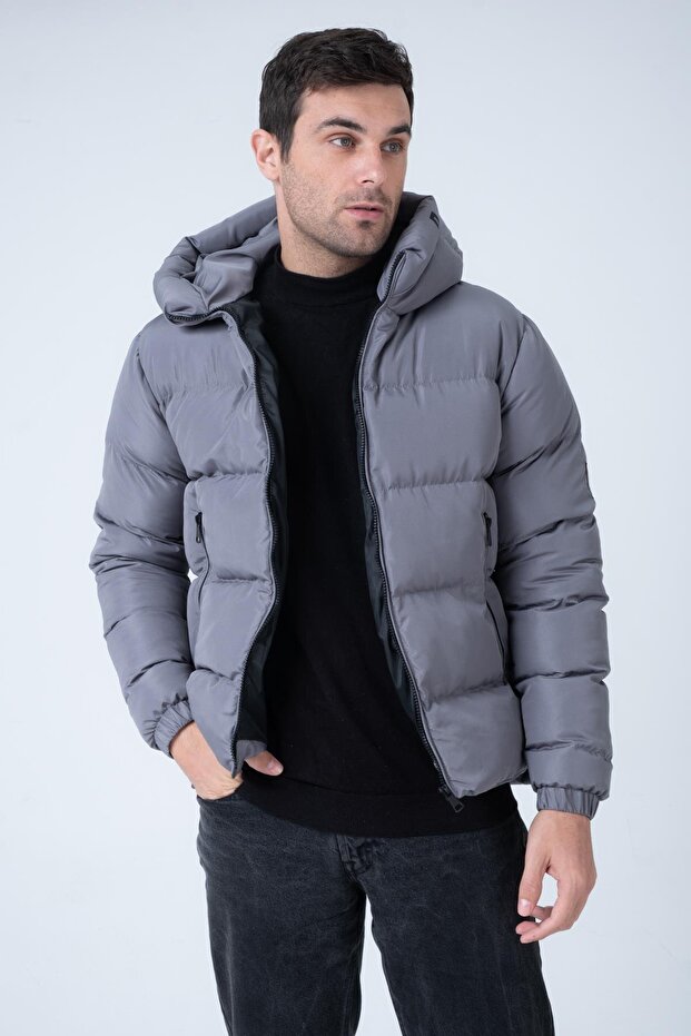 Men's Hooded Age Of State Printed Puffer Coat Smoked