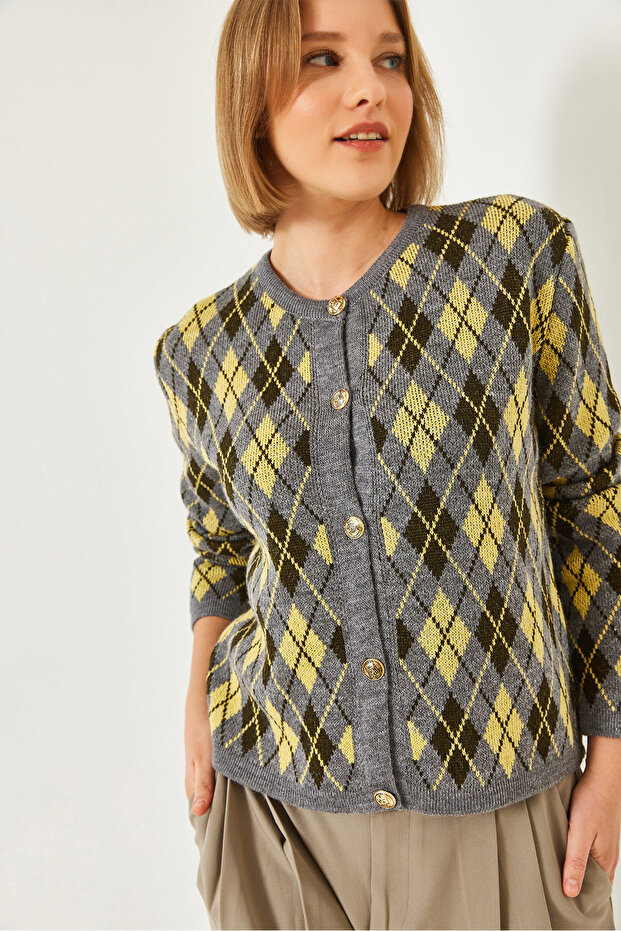 Women's Gray Diamond Pattern Crew Neck Buttoned Knitwear Cardigan 241152 60261341