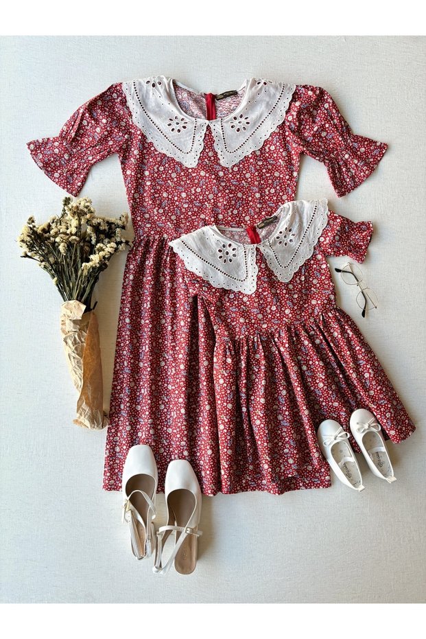 Vintage Scallop Collar Claret Red Floral Mother-Daughter Dress Combination (SOLD SINGLE)