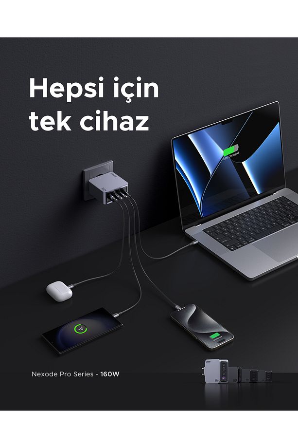 Nexode Pro 160W GaN Hızlı Şarj Cihazı 100W Kablolu Type-C QC PD 3xUSB-C, 1xUSB-A, Uzay Grisi - 25877 - 2