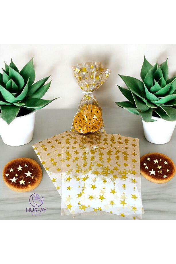 GOLD YILDIZ BASKILI KURABİYE POŞETİ/ 12 X22 CM /BANTSIZ  Jelatin Parlak Poşet /ŞEKER POŞETİ - 3