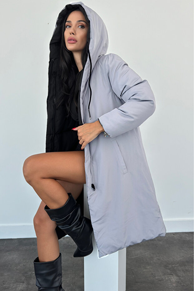 Çift Taraflı Uzun Şişme Mont - 4