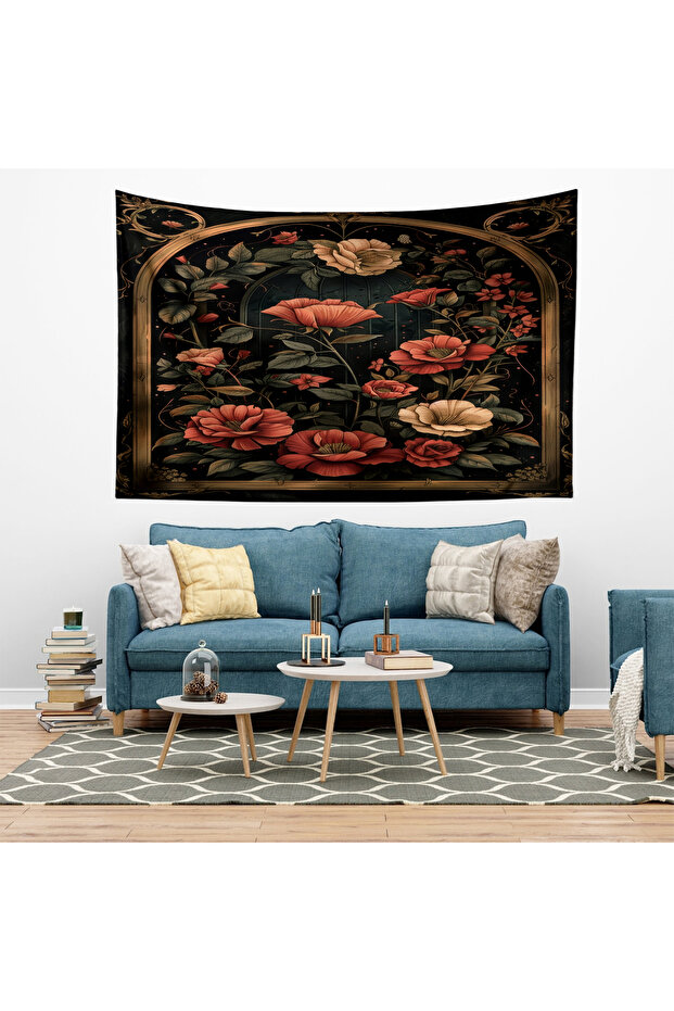 Vintage Kırmızı Çiçekler Desenli Duvar Örtüsü Duvar Halısı Tapestry - 5
