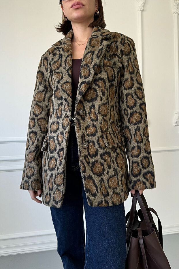 Double Breasted Stamp Leopard Jacket - Black - 2
