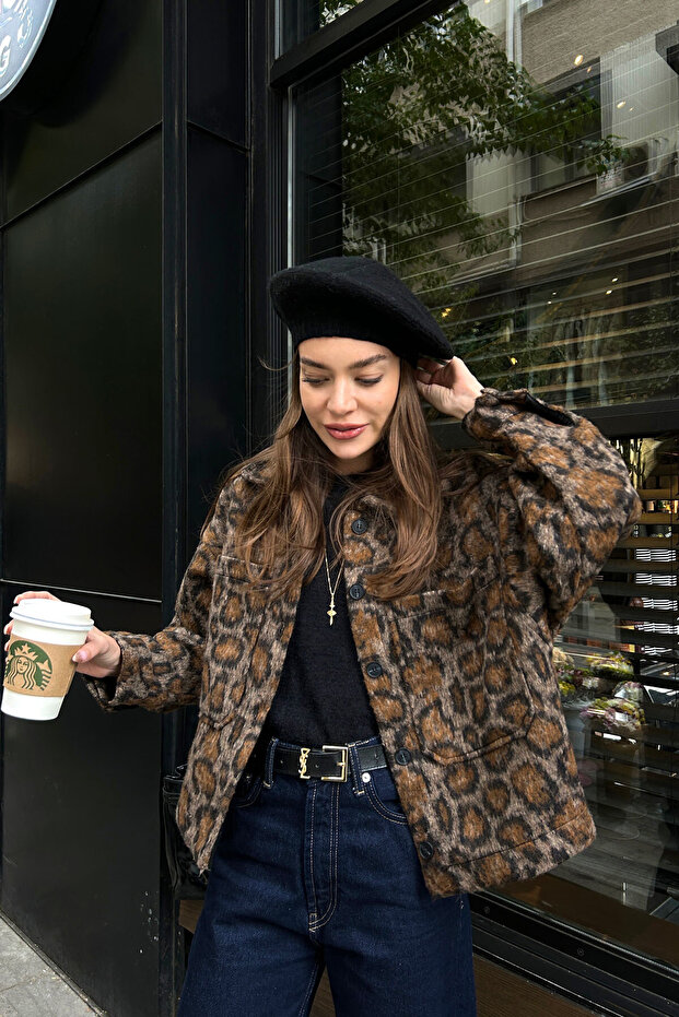 سترة قصيرة بنمط الفهد - أسود - 6