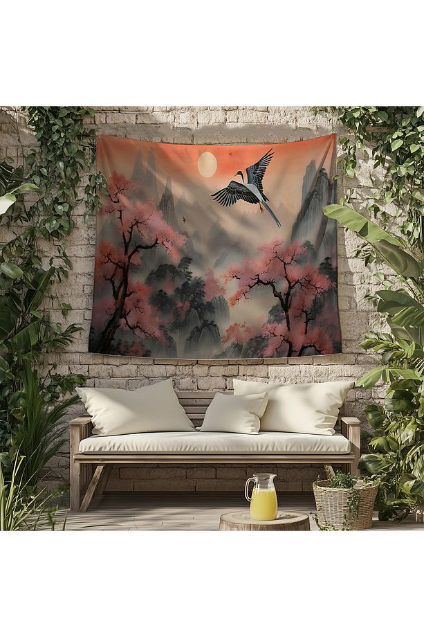 Japon Tarzı Sakura Doğa Manzara Desenli Duvar Örtüsü Duvar Halısı Tapestry - 7