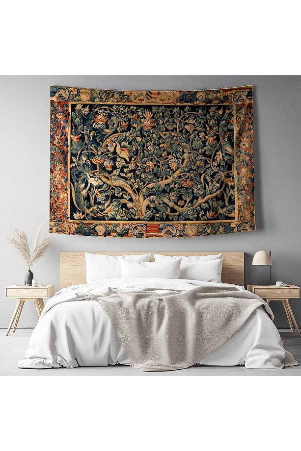 Vintage Fransız Retro Yaşam Ağacı Desenli Duvar Örtüsü Duvar Halısı Tapestry - 4