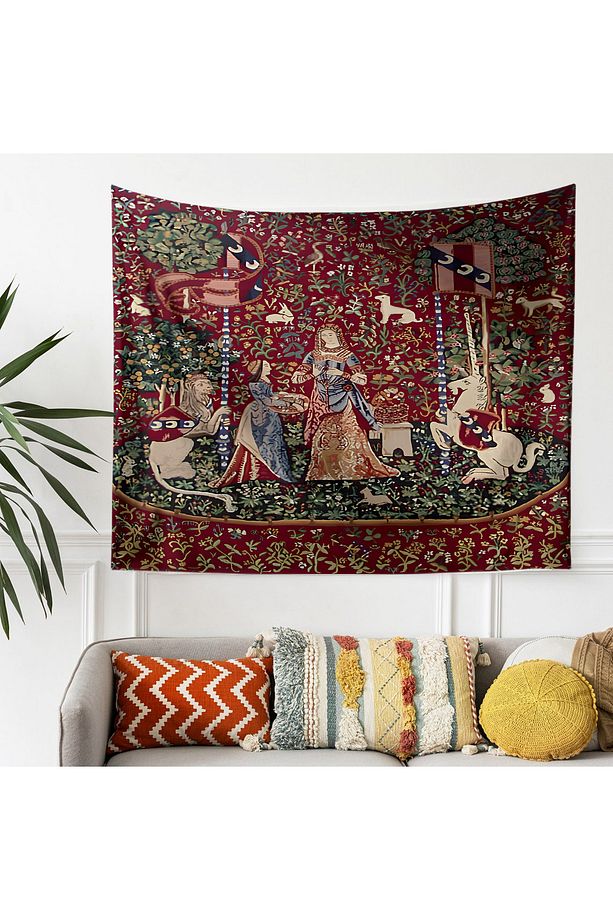Ortaçağ Unicorn Kadın Vintage Desenli Duvar Örtüsü Duvar Halısı Tapestry - 3