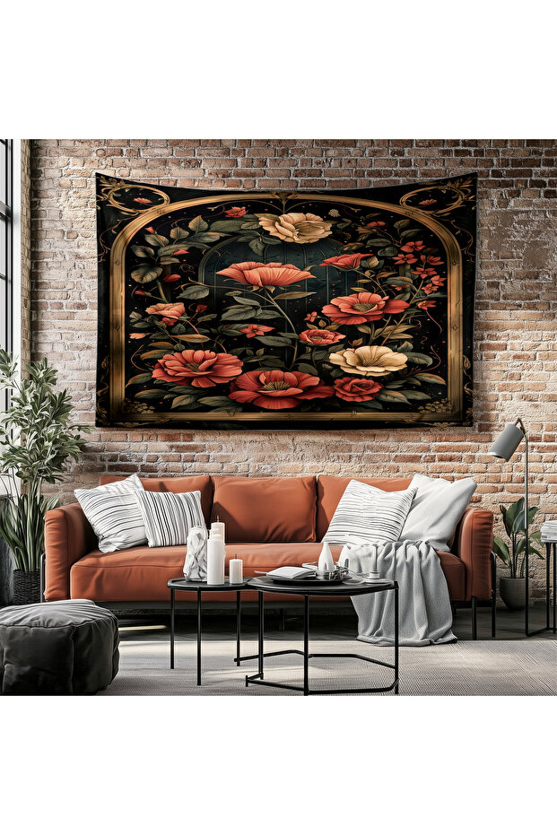 Vintage Kırmızı Çiçekler Desenli Duvar Örtüsü Duvar Halısı Tapestry - 6