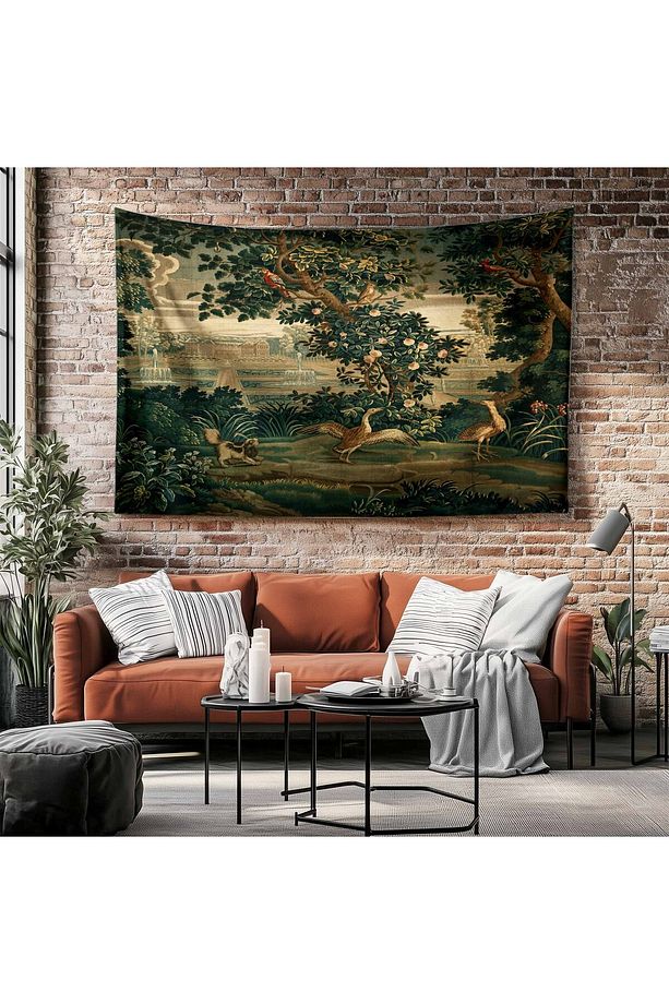 Vintage Fransız Retro Yeşil Orman Desenli Duvar Örtüsü Duvar Halısı Tapestry - 5