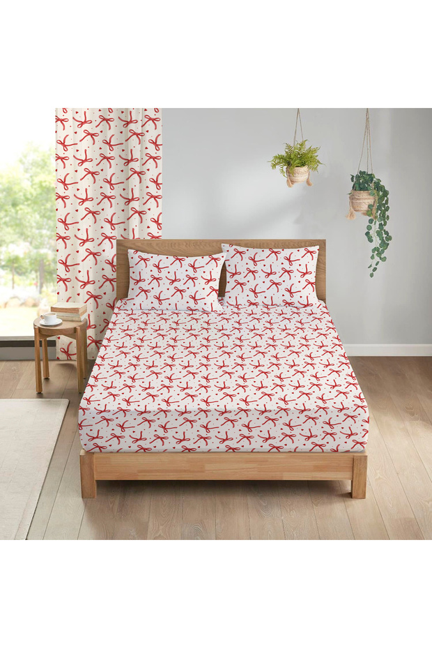 Bow Patterned Printed Double Sheet Set 180X200 cm - 1