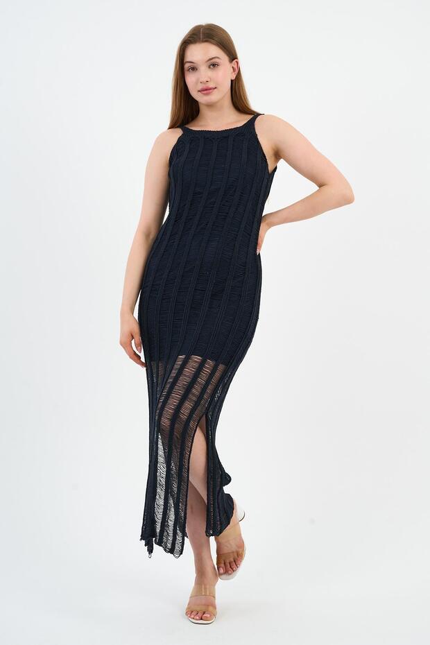 Yırtmaçlı Ajurlu Uzun Triko Elbise Elbise (A24-10180) - 3