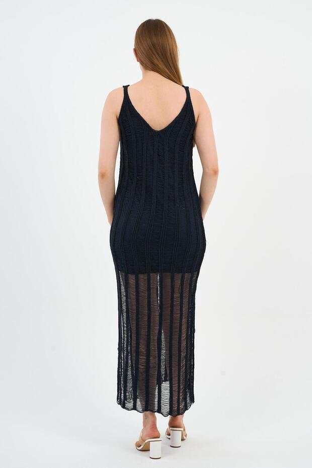 Yırtmaçlı Ajurlu Uzun Triko Elbise Elbise (A24-10180) - 6