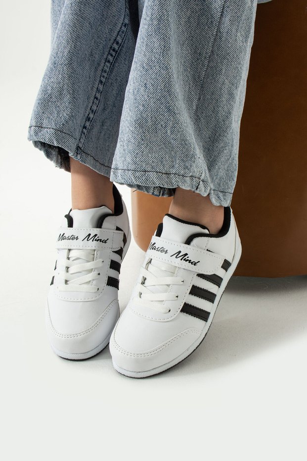 Children's White Black Lace-Up Single Velcro Flexible Lightweight Artificial Leather Unisex Kids Sneaker Sports Shoes