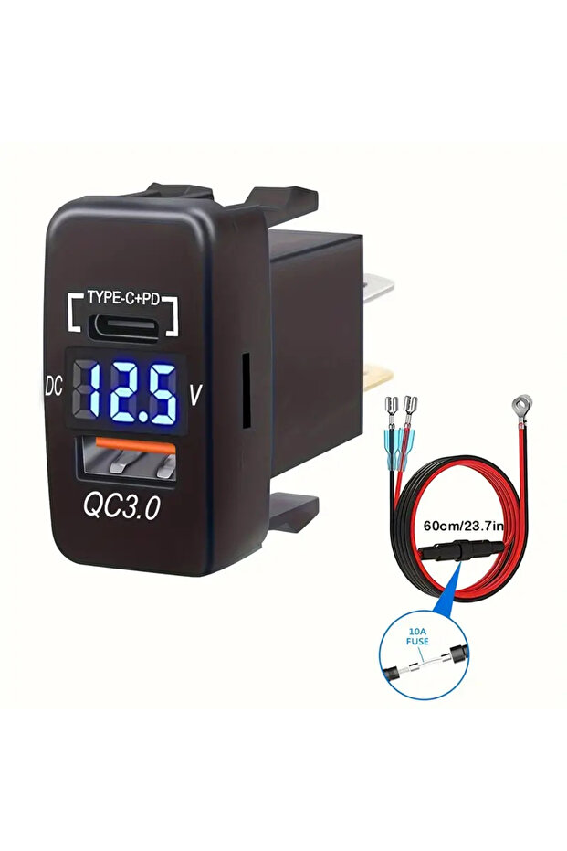ضوء أزرق مع مقبس شاحن سيارة USB سلكي، شحن سريع 3.0 ومنفذ USB C بتقنية PD، محول طاقة