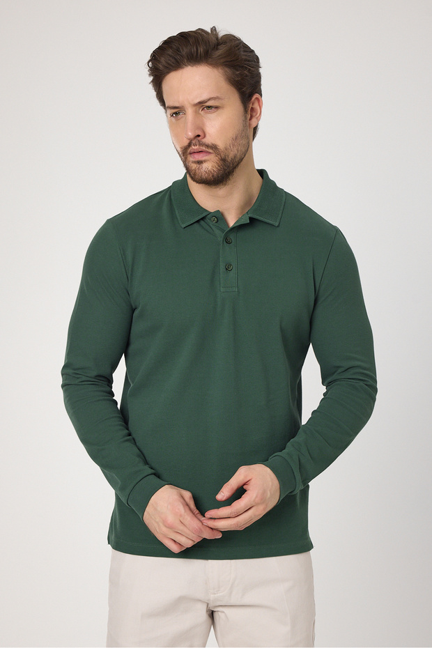 Frank Men's Green 100% Cotton Pique Knitted Stretch Fabric Slim Fit Long Sleeve Polo T-Shirt