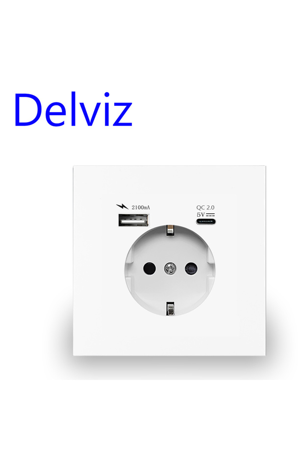 مقبس طاقة USB للحائط من Delviz باللون الأبيض (النوع c 2.1A)، تيار متردد 110 فولت - 250 فولت، لوحة بيضاء 16 أمبير مثبتة بالحائط
