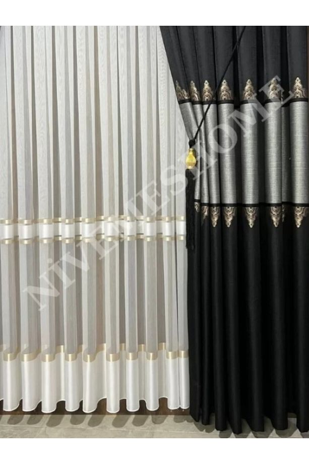 Nivemeshome Altın Geçişli Şeritli Kırışmaz Tül Perde 1/3 Sık Pile - 3