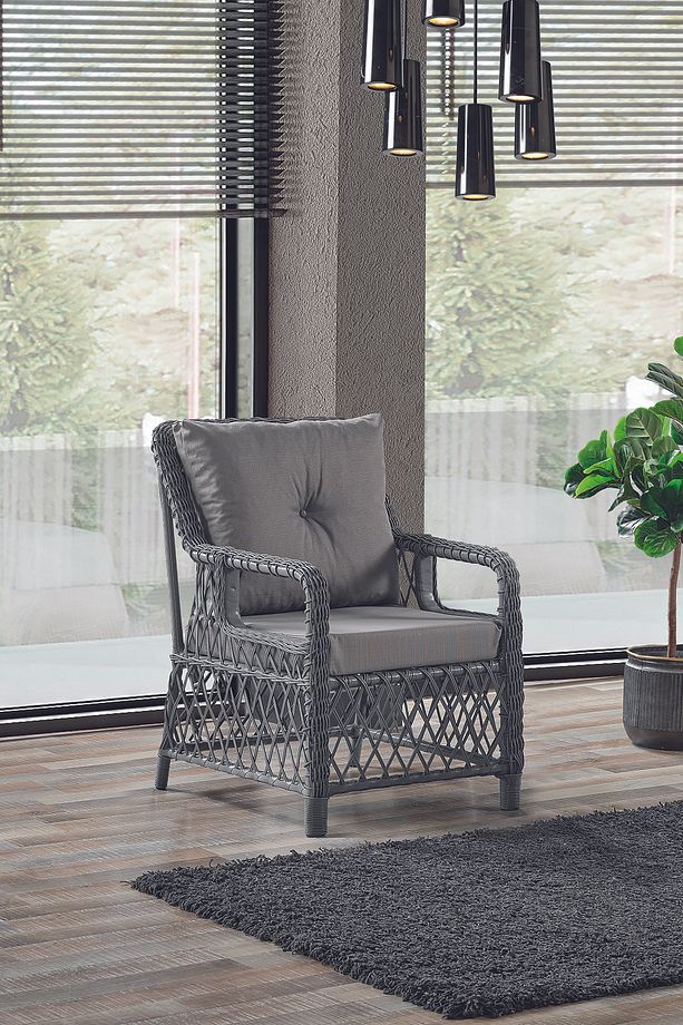 Edra Rattan Puflu Bahçe Balkon Takımı 3+1+1+Camlı Masa Gri - 3