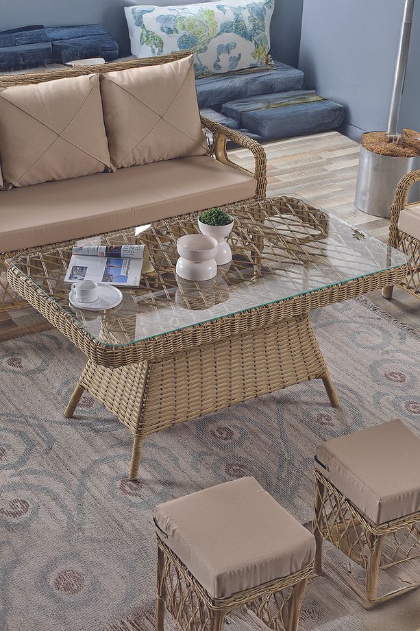Edra Rattan Puflu Bahçe Balkon Takımı 3+1+1+Camlı Masa Cappuccino - 4