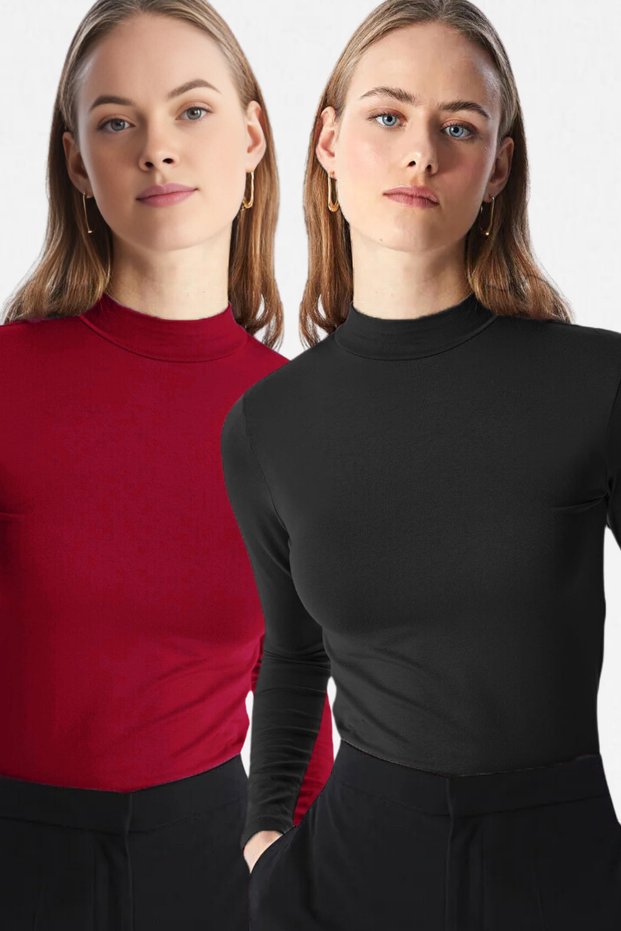 Women's Black Burgundy 2-Piece Stand Collar Long Sleeve Ultra Soft Body