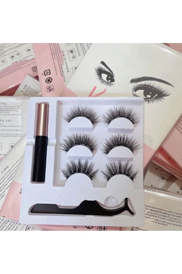 6 ADET Takma kirpik seti 3 farklı Çift - Mıknatıslı Likit Eyeliner Yapıştırıcı - 3