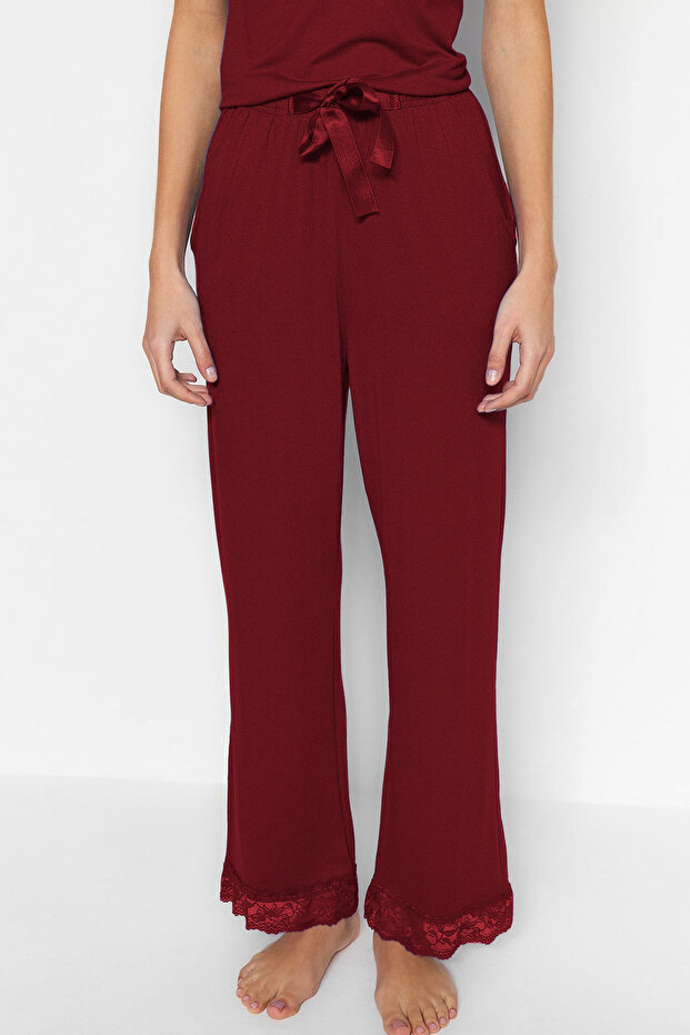 Bordo Dantelli ve Kurdele/Fiyonk Detaylı İp Askılı Viskon Örme Pijama Takımı THMSS20PT0134 - 4