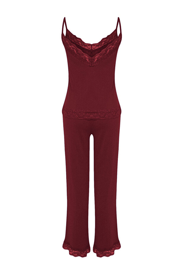 Bordo Dantelli ve Kurdele/Fiyonk Detaylı İp Askılı Viskon Örme Pijama Takımı THMSS20PT0134 - 7