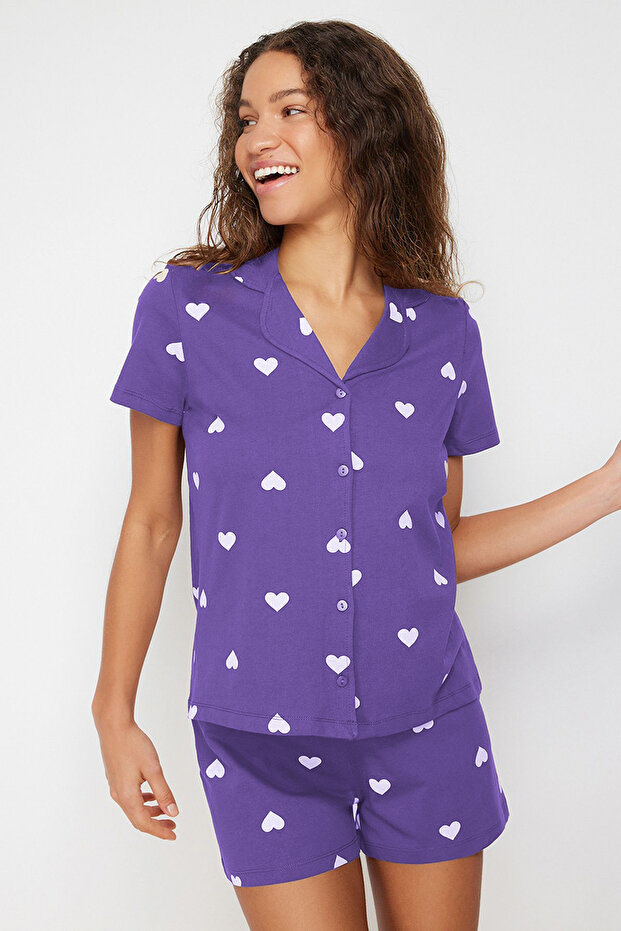 Lila %100 Pamuklu Kalpli Şortlu Örme Pijama Takımı THMSS21PT0756 - 3